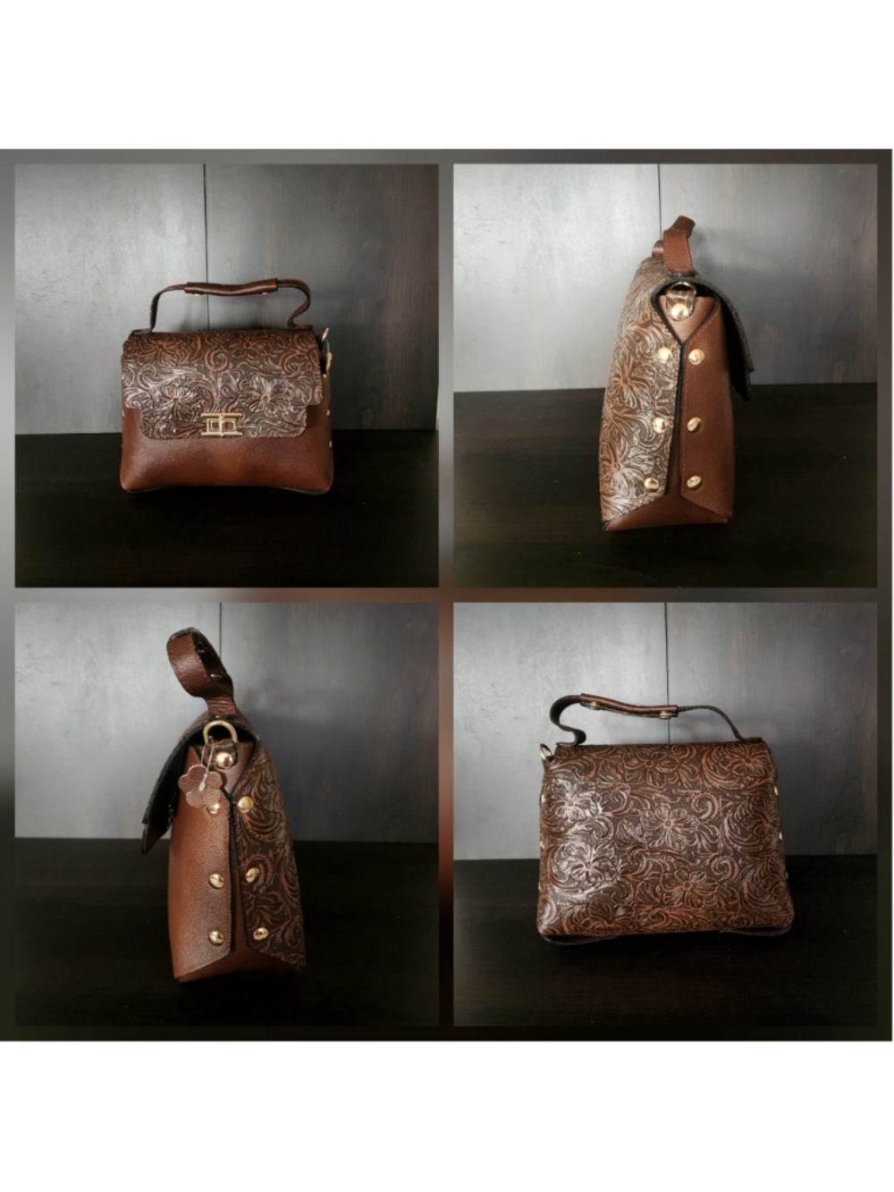 Pecan Brown Floral Studded Embossed Artisan LEATHER Purse Handbag Crossbody - Picture 13 of 15